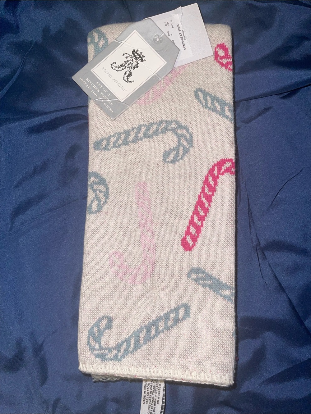 Rachel Ashwell Cream Candy Cane Print Kitchen Towel - Pink & Blue Set of 3